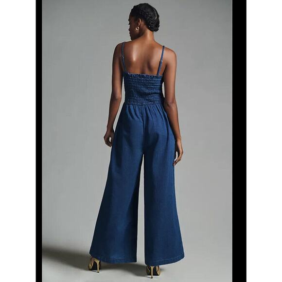 New Anthropologie Pilcro Smocked Jumpsuit Size Small Wide Leg Blue - Picture 2 of 11